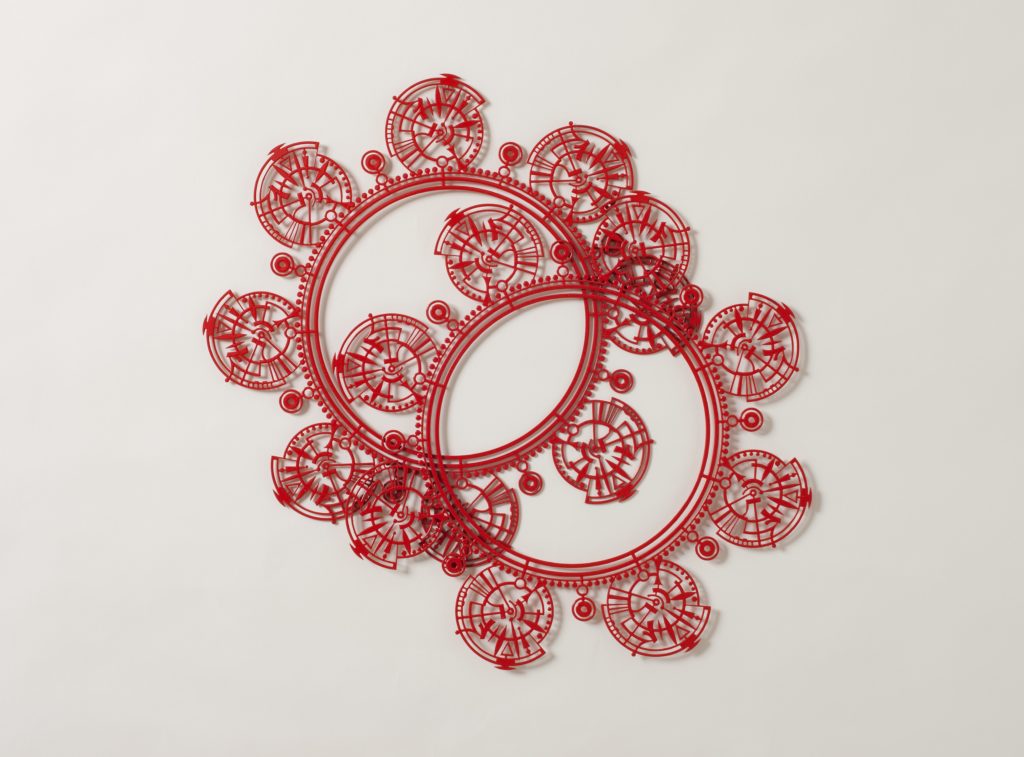 Thes two red metal collars are based on the lace collars depicted in 17th century European paintings
